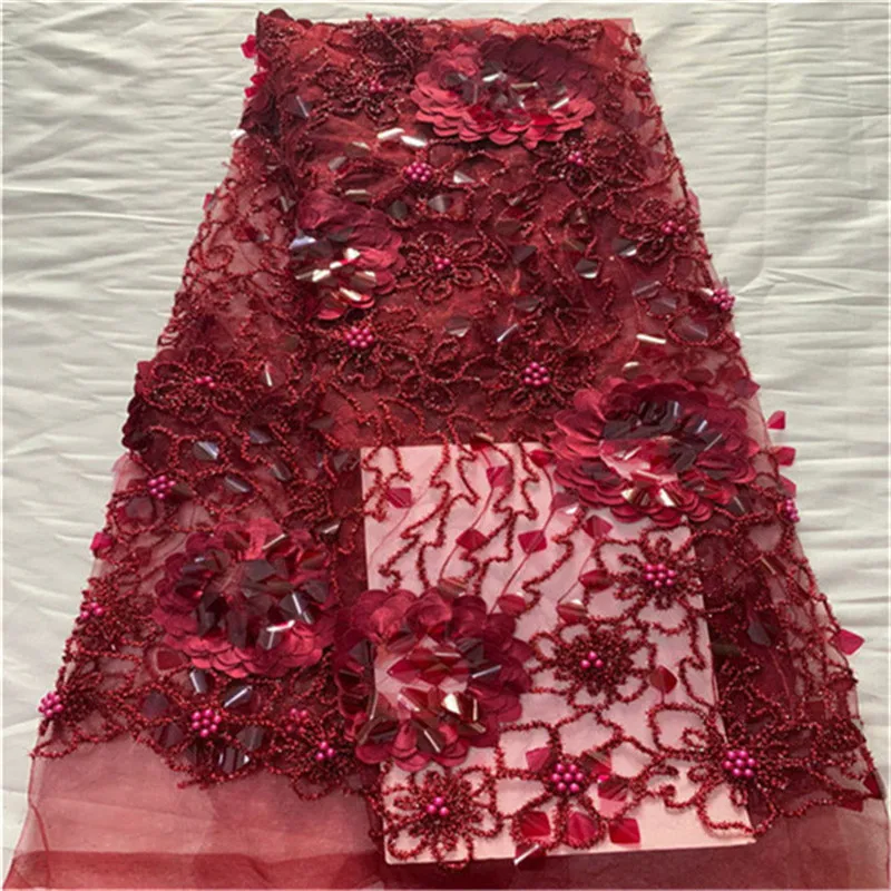 Африканская кружевная ткань 3D цветок высокое качество кружева блестки французский Тюль кружевная ткань с бисером вечерние Африканские кружева материал красное золото