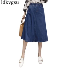 Модная Джинсовая юбка женская НОВАЯ тонкая с высокой талией дикая эластичная талия Летняя джинсовая длинная юбка размера плюс женская а487