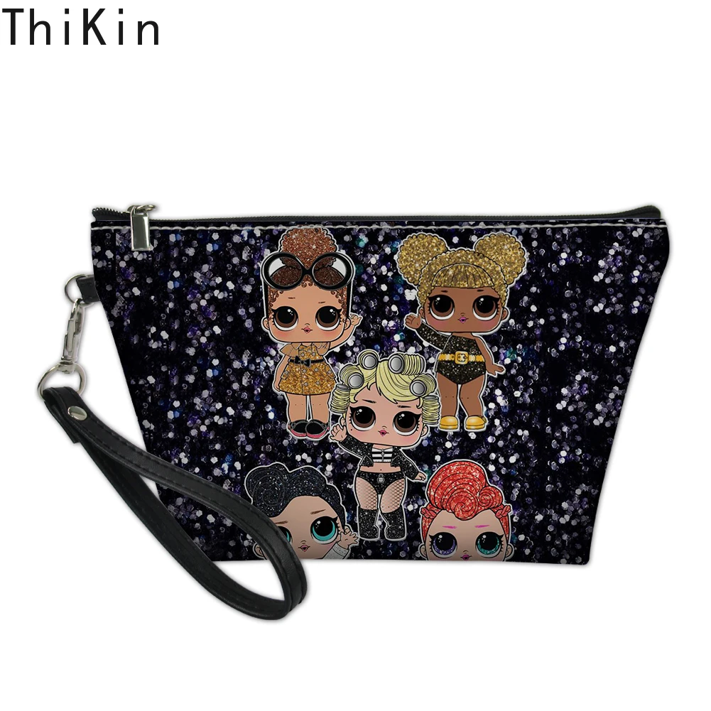 THIKIN Black Five Girls Doll Printing Makeup Bags Cute Girl Cosmetic Bag Travel Organizer Make Up Pouch Women Toiletry Bag