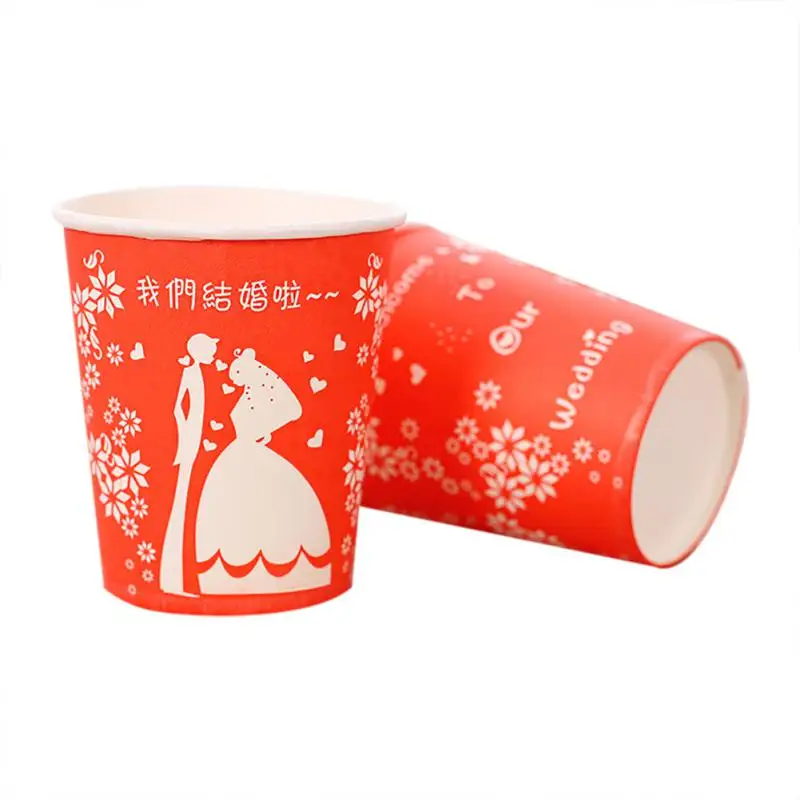 

50 pieces red bride and groom happy double cup paper disposable tableware wedding decoration using cup