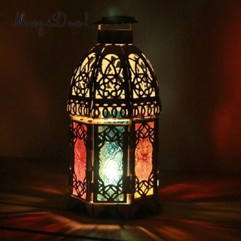 Moroccan Vintage Metal Hollow Glass Moroccan Hanging Tea Light Holder Candle Lantern Xmas Decor