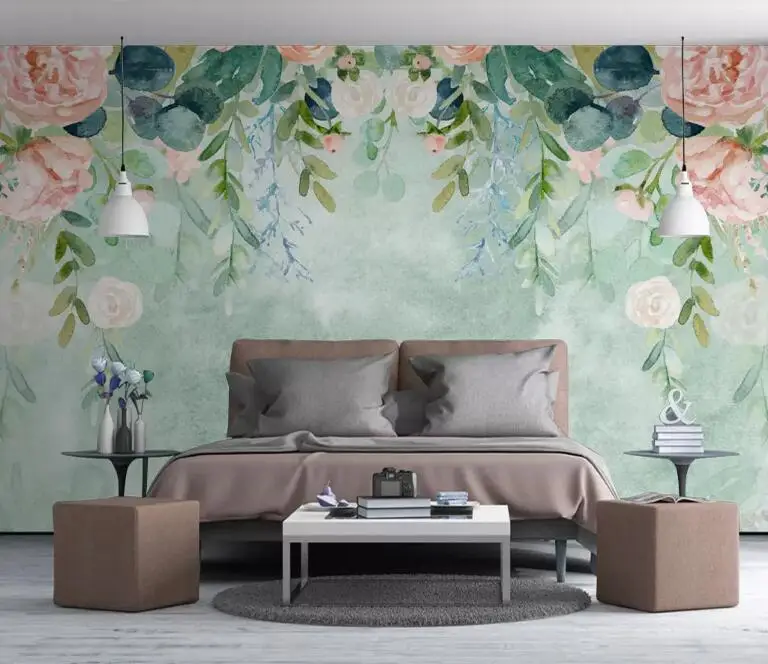 

Custom wallpaper Nordic small fresh hand-painted watercolor cartoon flowers pastoral mural TV background 3d wallpaper
