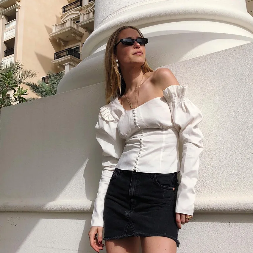 الخريف جديد قمصان بيضاء ، المرأة الذاتي زراعة ، غير النظامية الكتفين ، قمصان ، مزاجه ، السيدات طويلة الأكمام ، الأذن أزرار.