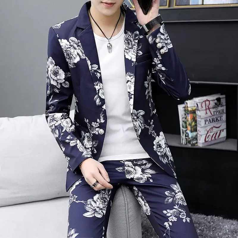 

Wedding Suits for Men Blazer Jacket Black White Blue Flower Men's Blazers and Suit Jackets 2 Pieces/Sets terno masculino