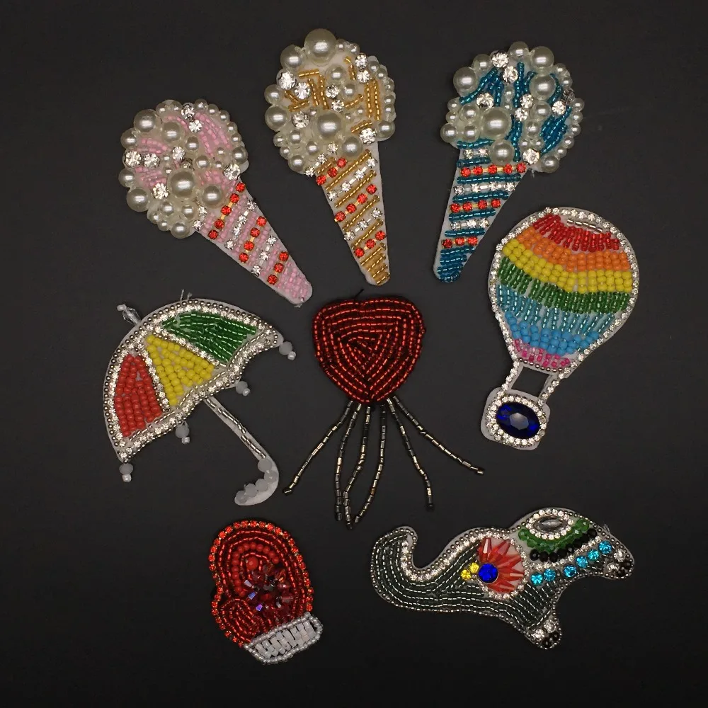

Handmade Rhinestone Patches Icecream heart colorful summer Sew on Crystal pearl patch for clothes beaded Applique cute patch