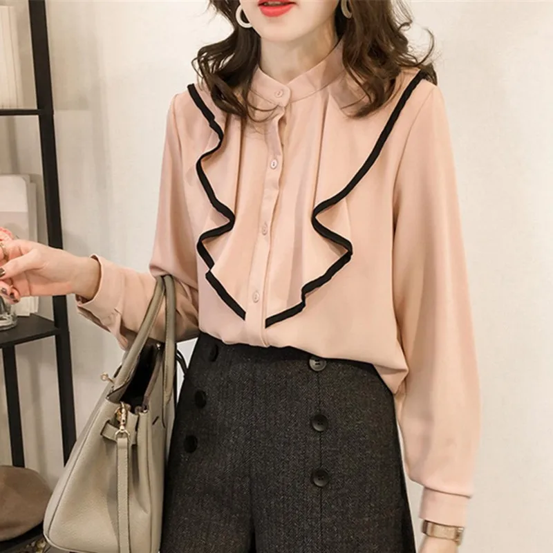 

2019 Fashion Women's V-neck Long Sleeve Blouse Women Solid Color Slim Bow Ruffle Chiffon Simple Shirt Ladies Tops