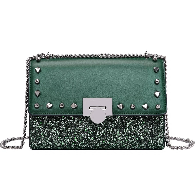 Pour Patchwork Sacs Rivets Bandoulière Brillant Pu Épaule 2019 À Mode Femmes Lady Chaînes De Partie Postier vert marron Main Beige Cuir noir Sac dtnfZf8q
