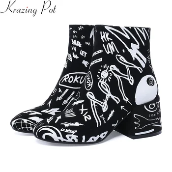 

Krazing Pot 2019 superstar kid suede mixed colors high heel warm winter shoes office lady print luxury women ankle boots L55