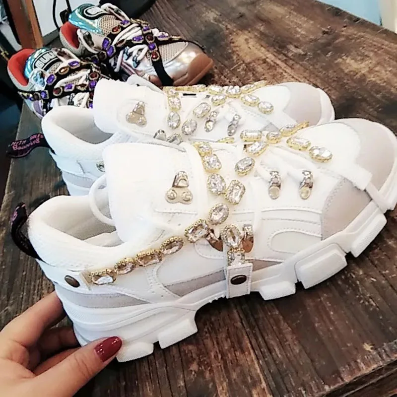 

Jookrrix Casual White Shoes Crystal Brand Platform Sneakers Lady Fashion chaussure Breathable Female Autumn footware Rhinestone