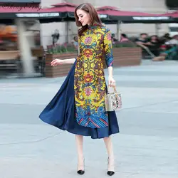 Новое прибытие семь-четверти рукав Женская атласная cheongsam qipao вечернее платье традиционное китайское платье Дракон и Феникс V742