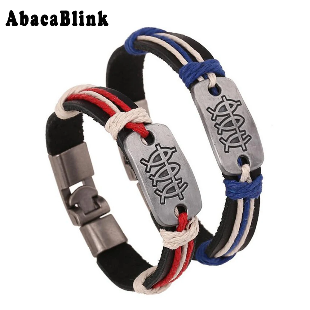 Vintage Men's Leather Bracelet Punk Rock Style Fish Pattern Charm
