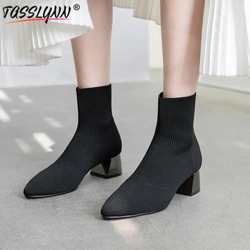 

TASSLYNN 2019 Western Style Pointed Toe Autumn Boots Slip on Square Heel Women Boots Mid-calf Women Socks Boots Black Size 34-39
