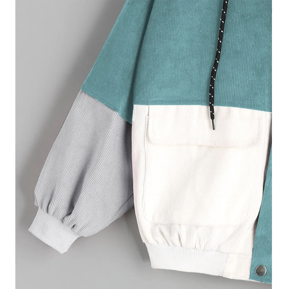 AZULINA Corduroy Jacket Hooded Pachwork Long Sleeve Autumn Basic Jackets Female Coat Zip Up Snap Button Windbreaker Jacket Women Coats