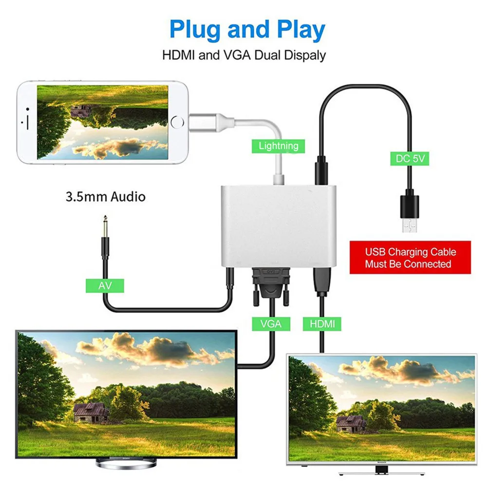 HDMI, VGA, AV адаптер конвертер 4 в 1 цифровой av-адаптер Lightning совместим с iPhone X/8/8 Plus/7/7plus/HDTV проектора монитор