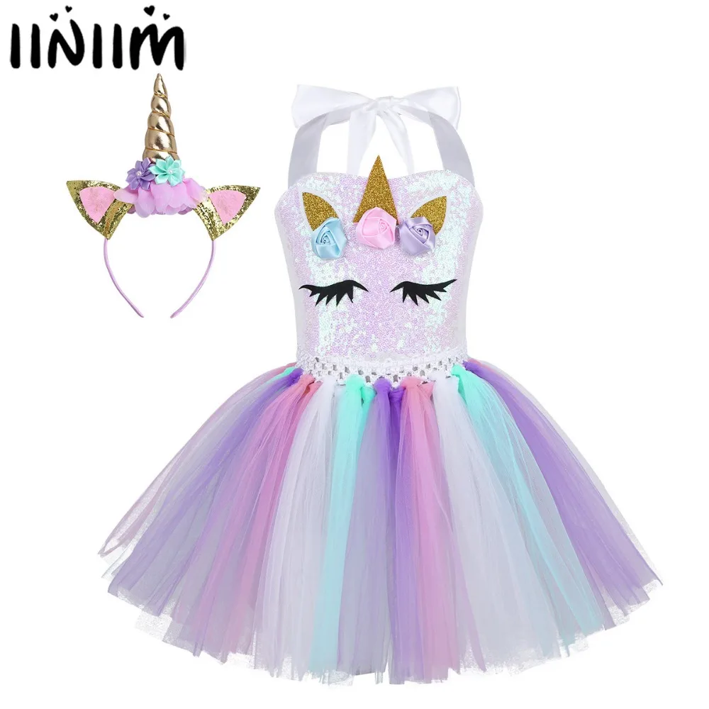 

Kids Girls Cartoon Flowers Tutu Dress Shiny Sequins Fancy Dress with Hair Hoop Halloween Cosplay Party Costume Dress Up