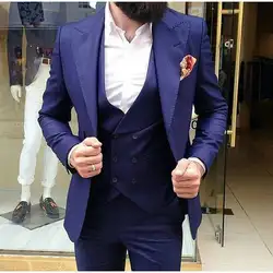 2017 последние конструкции пальто брюки Темно-синие Для мужчин Нарядные Костюмы для свадьбы Slim Fit 3 предмета смокинг на заказ Жених костюм