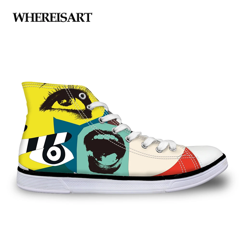 

WHEREISART 3D Graffiti Printed Casual Canvas Shoes Woman High Top Vulcanized Shoes for Ladies Women Lace-up Spring Leisure Shoe