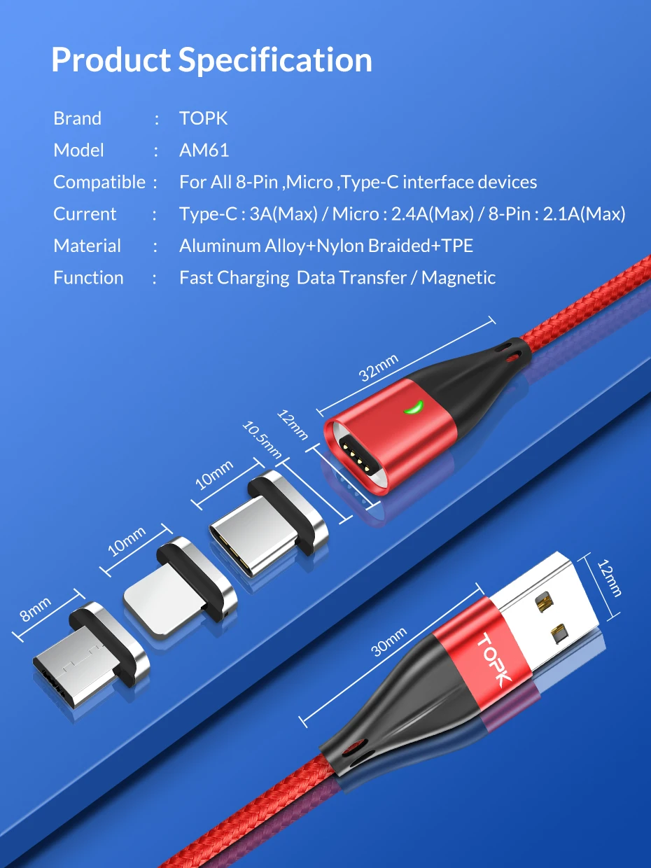 TOPK 1 м 2 м USB Магнитный кабель usb type C и mi cro USB кабель Быстрая зарядка кабель usbc для iPhone samsung Xiao mi redmi note 7 mi a2