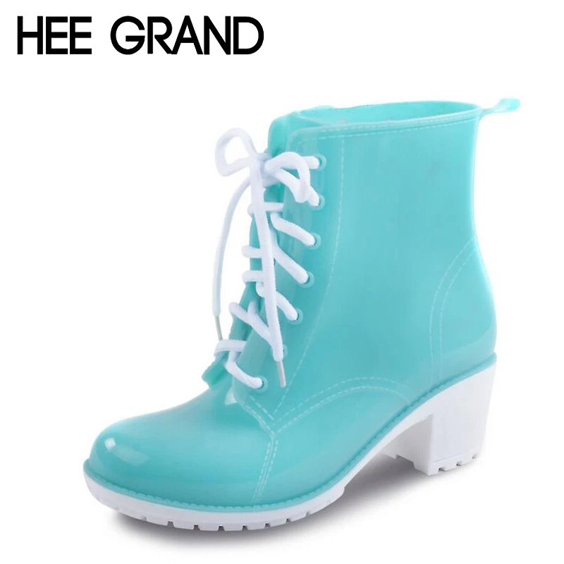 HEE GRAND Rain Boots Women Ankle Boots Platform High Heels Rubber Shoes Woman Lace Up Rainboots Candy Color Size 36-41 XWX4134
