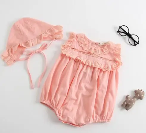 B82H10 Pink Детские летние комбинезоны треугольник Принцесса слинг ползать одежда Детский комбинезон Вишневый принт Детские Боди есть шляпа Одежда для новорожденных - Цвет: B82H10 Pink
