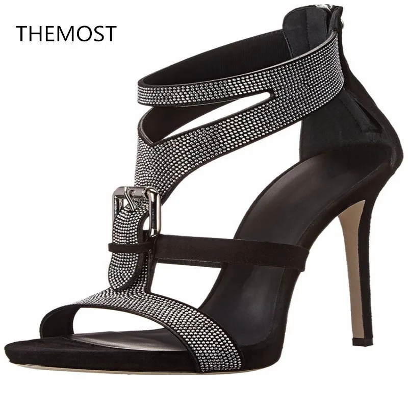 

THEMOST High-heeled sandals Sandals women Zipper closure Rhinestone decoration 2 colors to choose from Mature sexy
