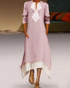 

2019 Indie Folk Women V Cut Cotton Dress Summer Patchwork Long Sleeve Long Dress Sexy Two Piece Dresses Set