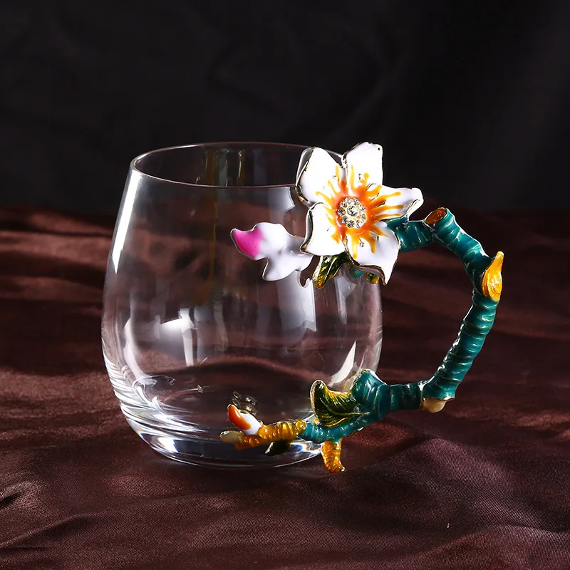 2 HIBOUR Unique Chrysanthemum Enamel Flower with Handgrip  Original Coffee Mugs Top Quality Glass Cups with Gift Box 400ml