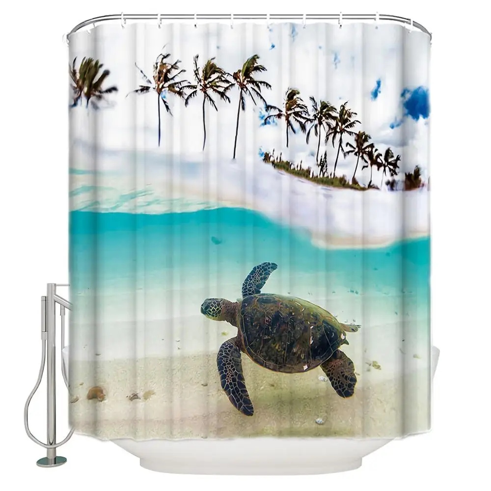 Ocean Turtle Shower Curtain Tropic Palm Trees on an Island Beach Wooden Windows Polyester Fabric Bathroom Decor with Hook | Дом и сад