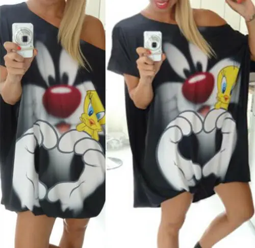 Cartoon Women Casual One Shoulder Mini Dress Woman Short Sleeve Sundress 2019 Summer Dresses Lady Streetwear Vestidos S-XL