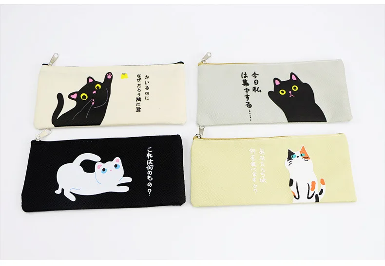 4 Styles Simple Cat Cartoon Creative Canvas Bag Female Student Bulk Zippered Pencil Case Pencil Bag Student Stationery Office