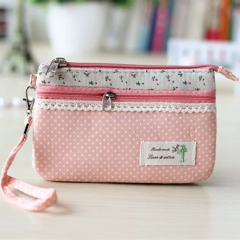 Pink Plaid Women Girl Canvas Floral Coin Purse Clutch Pouch Wallet