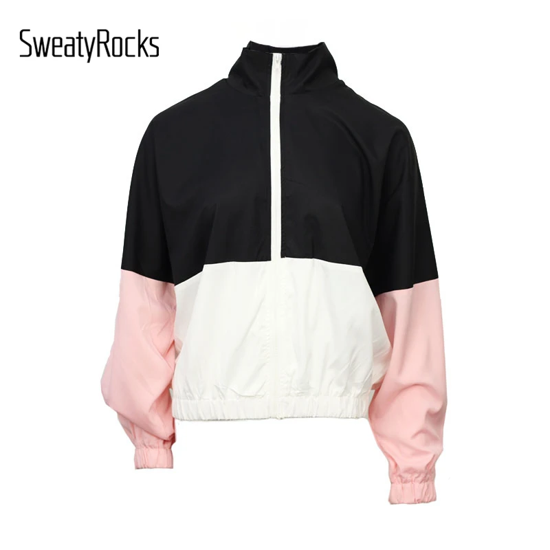 SweatyRocks Athleisure, эластичная цветная ветровка с краями, куртка, активный стенд для одежды, воротник, осень, на молнии, Женские повседневные топы