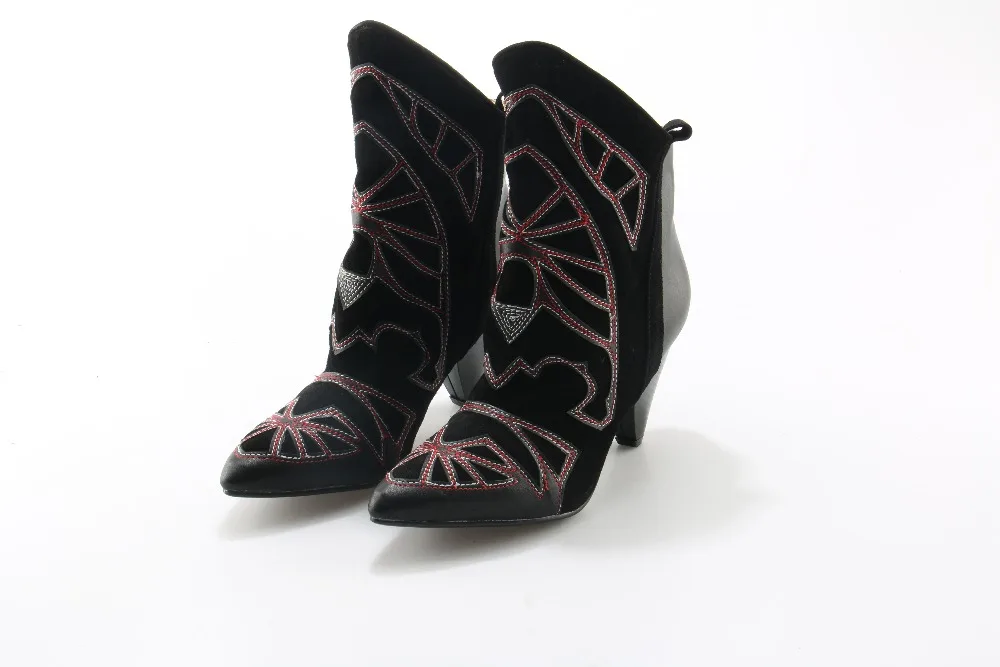 Zobairou/ г. ковбойские ботинки «Челси» в западном стиле Женские ботинки в ковбойском стиле из замши с вышивкой черного цвета на высоком каблуке-шпильке - Цвет: as picture