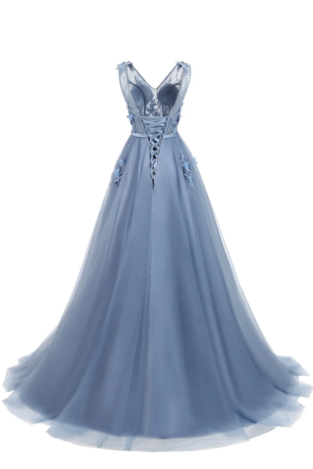 Tulle Appliques V Neck Lace Up Sleeveless Blue Long Evening Dress
