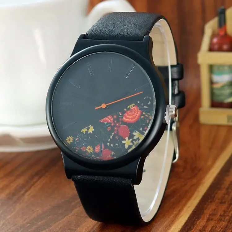 

Floral Design Black Case Orange Pointer Women's Fashion Watches Water Resistant Life Quartz Watch Women Clock Relogio Feminino
