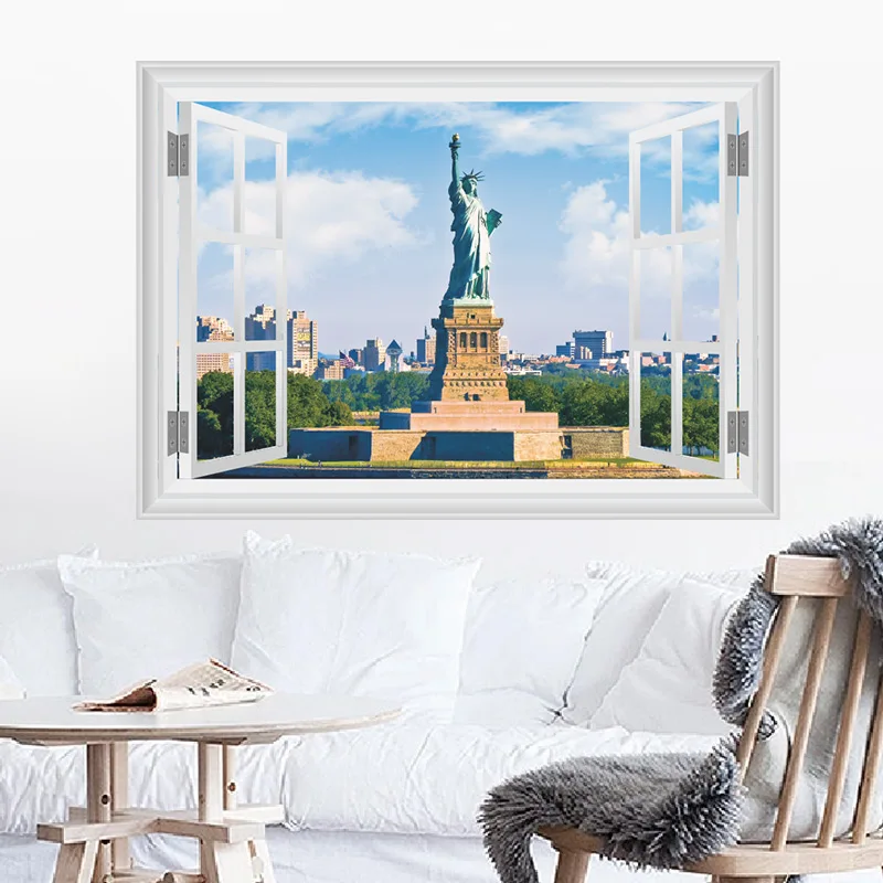 Соединенные Штаты, Нью-Йорк, статуя свободы, наклейки на стену, украшение дома, гостиная, 3D окно, пейзаж, ПВХ Наклейка на стену, Фреска, плакат