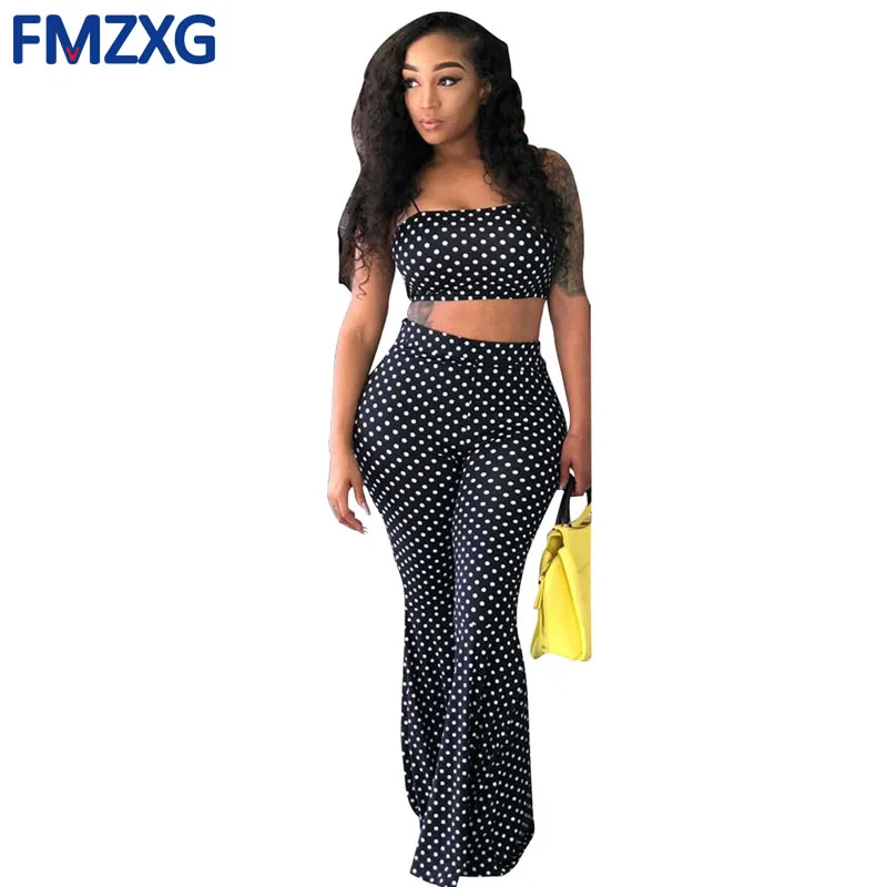 

Polka Dot Sexy Two Piece Set 2018 Women Clothes Summer Outfits Spaghetti Strap Crop Tops+Flare Pant Suit 2 Pcs Matching Sets