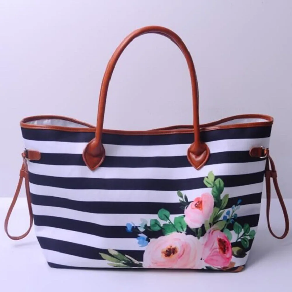 

2 PCS Stripe Flower Tote Bag Large Handbag Canvas Purse For Women With Free Shipping DOM696