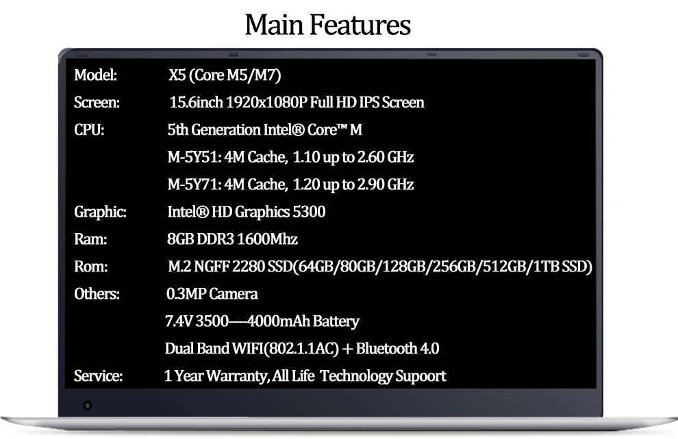 15.6inch Intel Core M-5Y71 CPU 8GB RAM+512GB SSD 1920X1080P FHD IPS Screen Win10 System Laptop silver M-5Y51 CPU 8GB RAM+512GB SSD 13