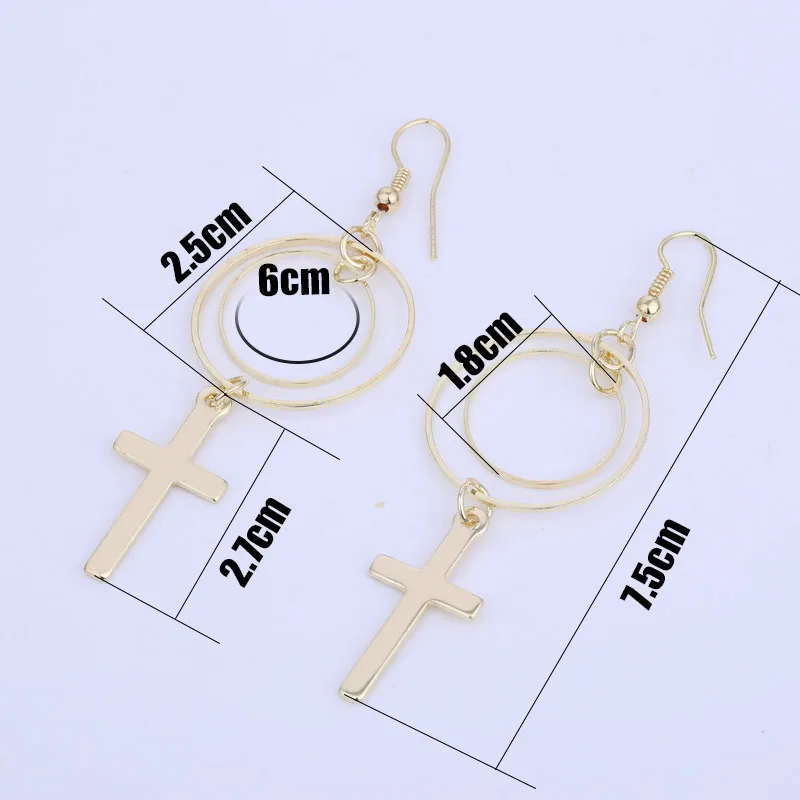 Long Dangle Cross Earrings Gold Color and Silver Plated Metal Women Fashion Jewelry Double Circle Round Hanging Cross Earrings (2)