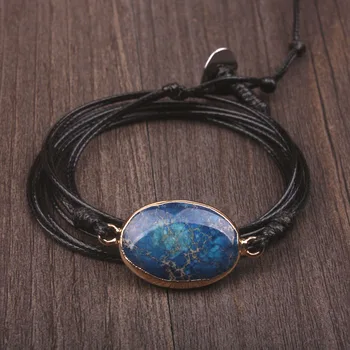 

Non-leather Multilayer Rope Wrap Bracelet Sea Blue Oval Sea Sediment Jaspers Boho Long Friendship Bracelet Handmade