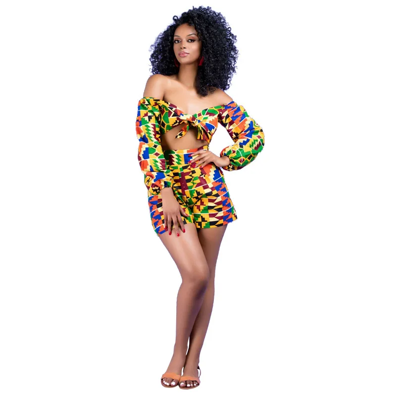 

European and American women's new African print small cape shorts set