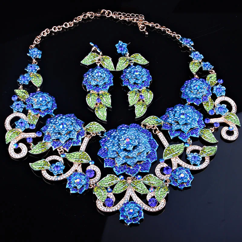 Ручная роспись 3D цветы Цепочки и ожерелья серьги комплект с Стразы модные свадебные ювелирные изделия набор