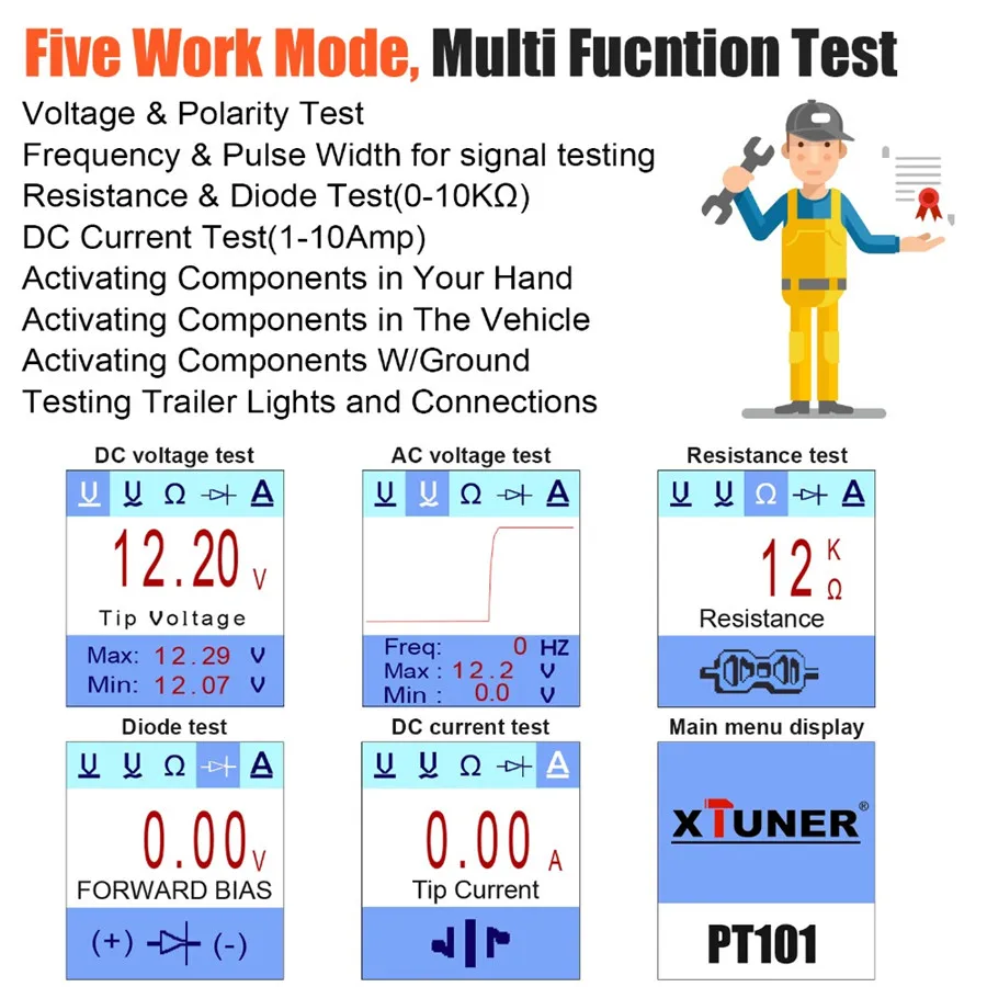 XTUNER PT101 12V/24V Power Probe Circuit Tester DC/AC Electrical System Diagnostic Tool Voltage Current Test Car battery Tester