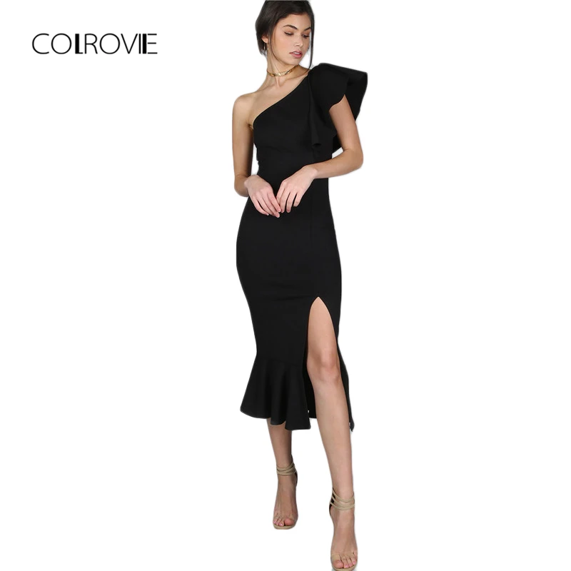 

COLROVIE Black Party Dress Women One Shoulder Frill Peplum Hem Sexy Elegant Summer Dresses Slim Ruffle Split Bodycon Dress