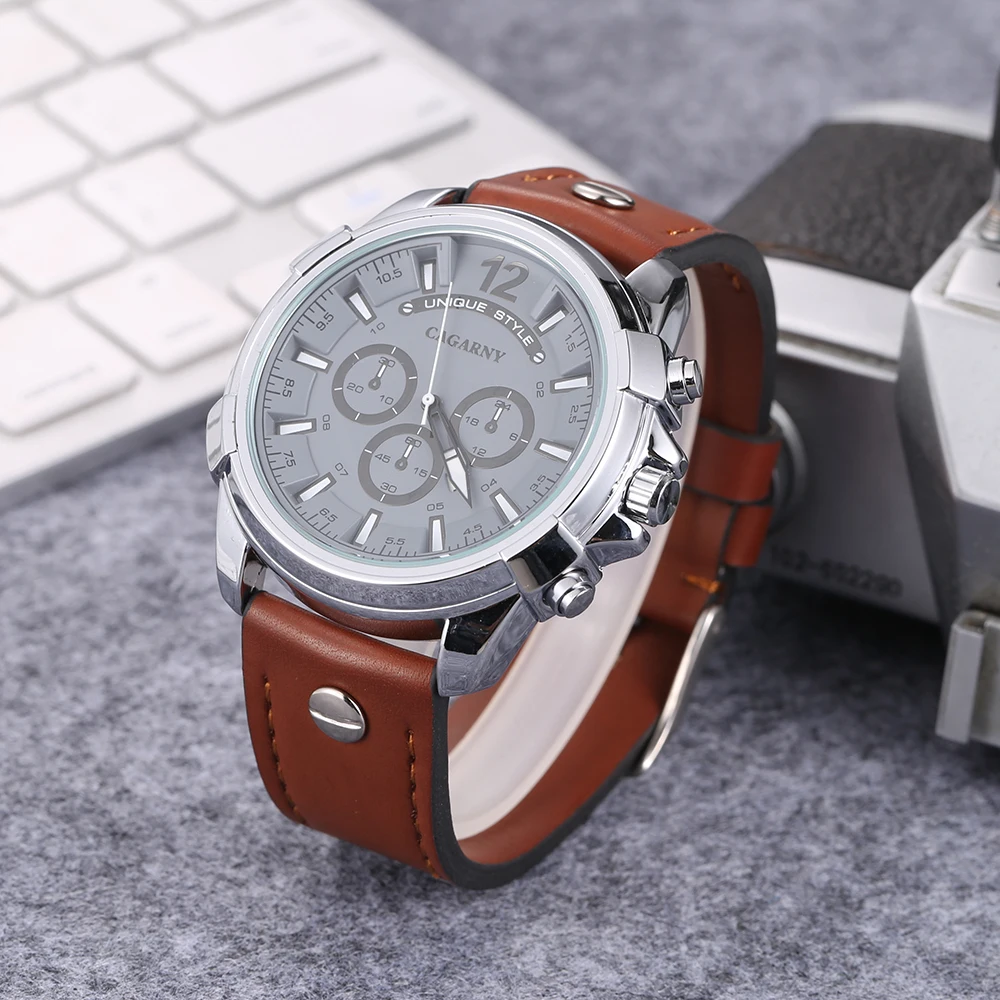 

5.2cm Big Case Analog Quartz Watch Men Waterproof Leather Strap Mens Watches Luxury Brand Cagarny Military DZ Relogios Masculino