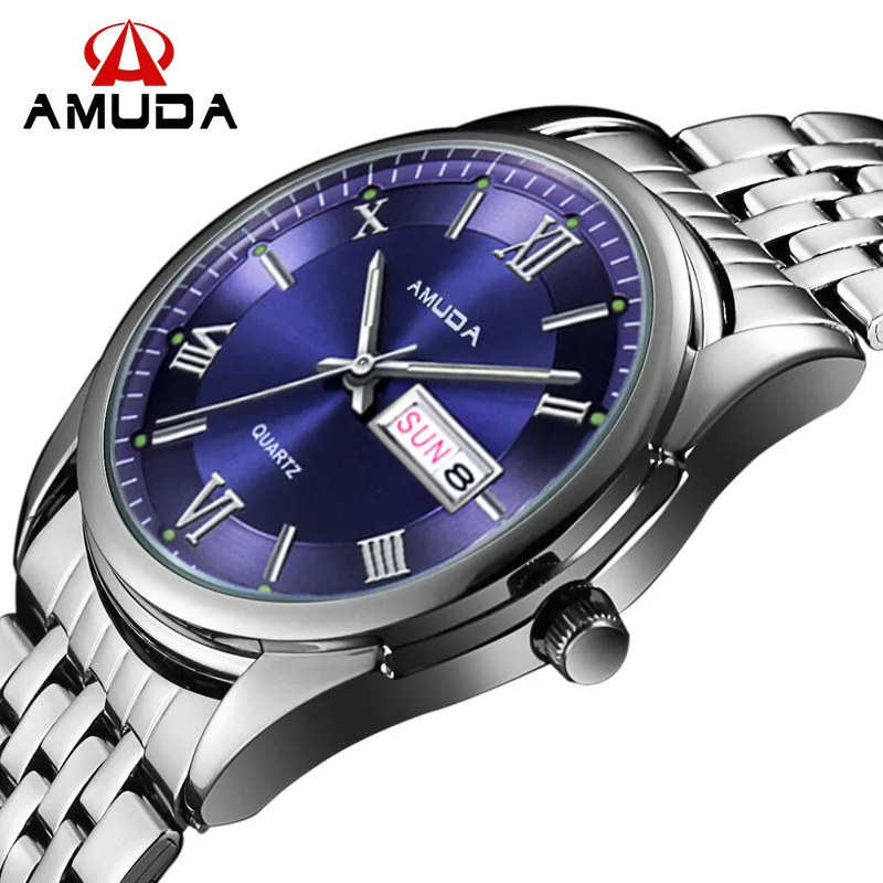 

man watch AMUDA brand mens quartz watches blue stainless steel men watches waterproof calendar man wristwatches