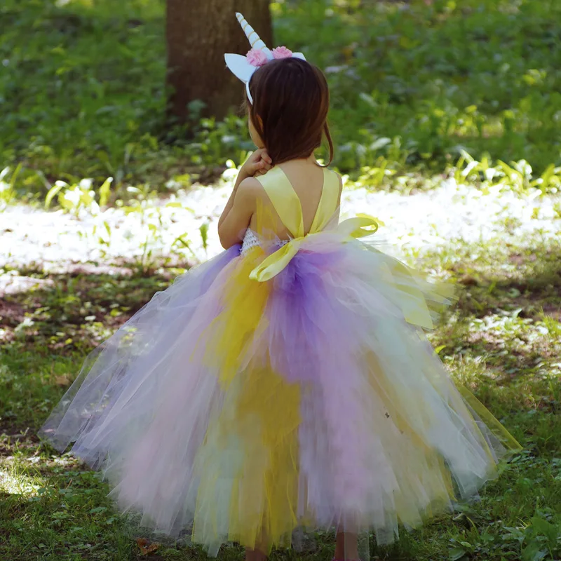 Pastel Rainbow Girls Unicorn Tutu Dress Princess Flower Girl Party Dresses with Headband Kids Birthday Halloween Unicorn Costume (3)