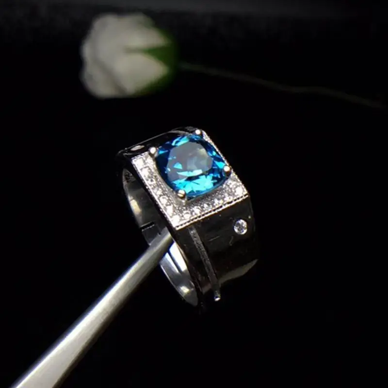 

925 Sterling Silver London Blue Topaz Ring for Men Round Natural Gemstone 7 x 7 mm