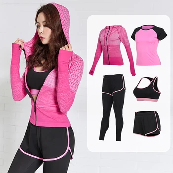 

Vansydical Women's Fitness Yoga Sets Female Running Jogging Tight Clothes Suits 4-5 Pcs Workout Gym Clothing Kits